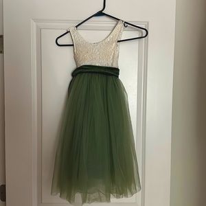 Girls Flower Girl Dresses - Green Tulle Bottom with Cream Lace Detailing on Top.